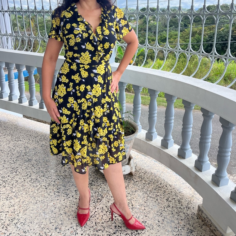 Michael Kors Black and Yellow Floral Midi Dress